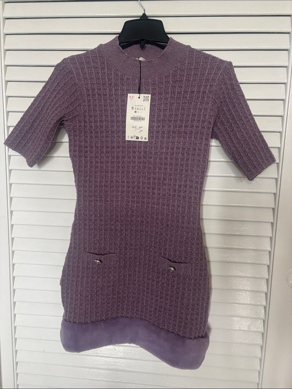 Zara’s Women's Short Sleeve Knit Dress with Faux Fur Hem - Lavender